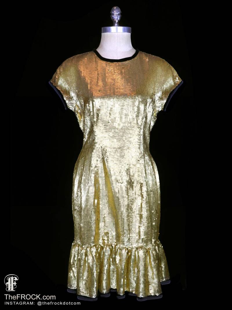 Oscar De La Renta Gold Pailletten-Cocktail-Kleid Gepflastert Pailletten Metallic Kleid Odlr Studio Designer Couture Formale Abend-Party Kurzarm Rock von TheFrockDotCom