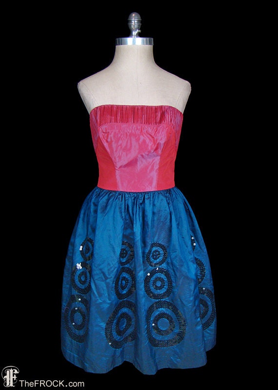 Pierre Cardin Kleid Vintage Couture Pailletten Cocktail Abend Trägerlos Mini Rot Blau Farbblock Taft Mod 1960Er 1970Er 1980Er 60Er 70Er 80Er Jahre von TheFrockDotCom