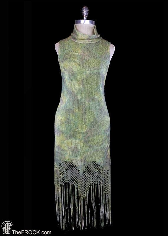 Romeo Gigli Kleid Grün Pullover Strick Fransen Ärmellos Italienisch Couture Designerin Laufsteg Tages Abendkleid Arbeit Büro Date Cocktail Camo von TheFrockDotCom