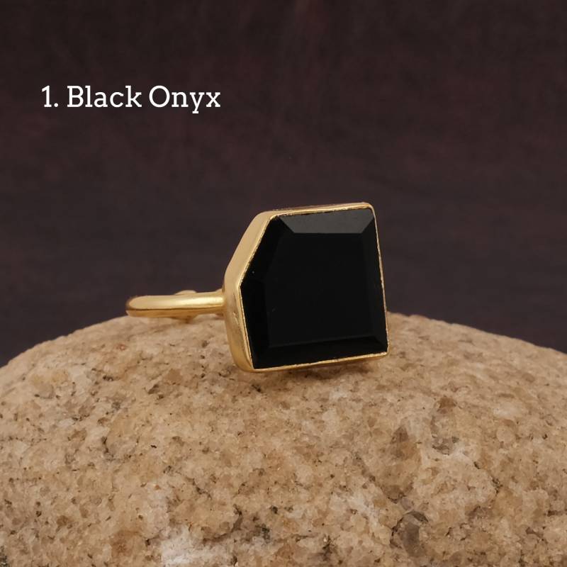 Handgefertigter Edelstein Ring Schmuck, Onyx, Rutil Lapis Lazuli Vergoldet Verstellbare Ringe, Ausgefallene Form Statement Schmuck Geschenk. B-10665 von TheGemstoneJewelry