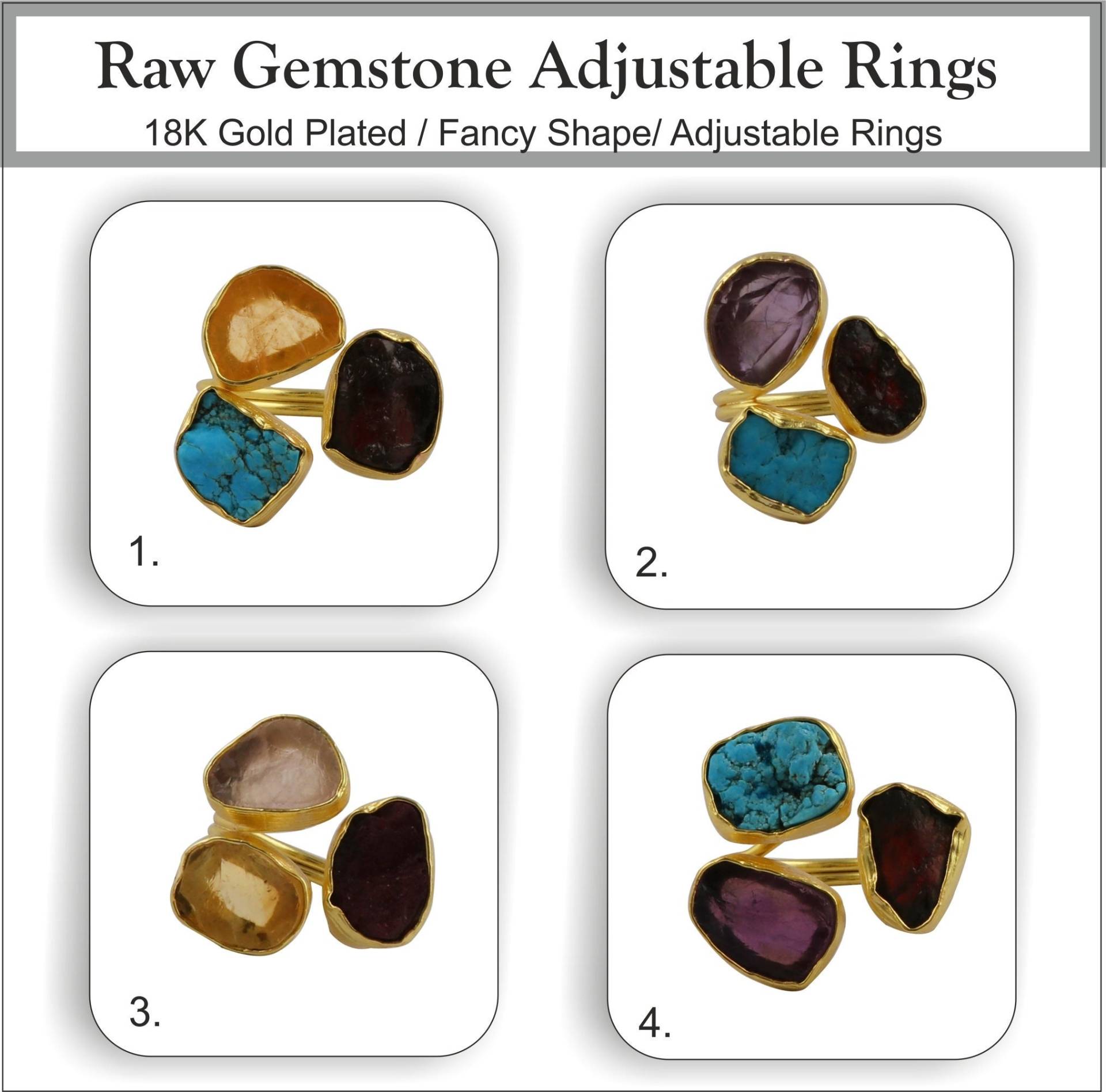 Natürlicher Roher Edelstein Ringe, Vergoldeter Verstellbarer Ring Schmuck, Türkis, Granat, Citrin Roh Drei Stein Ring, Frauen Schmuck. B-7886 von TheGemstoneJewelry