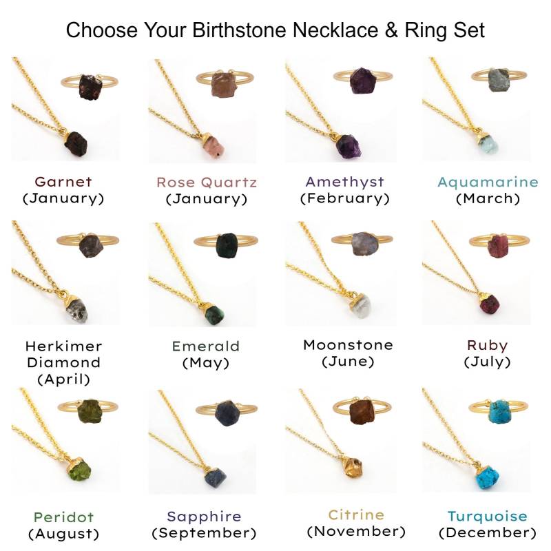 Wählen Sie Ihren Geburtsstein Roh Halskette Ring Kombination Natur Gold Galvanisiert Ausgefallener Schmuck, Zierliche Handgemachte Kristall Schmuck von TheGemstoneJewelry