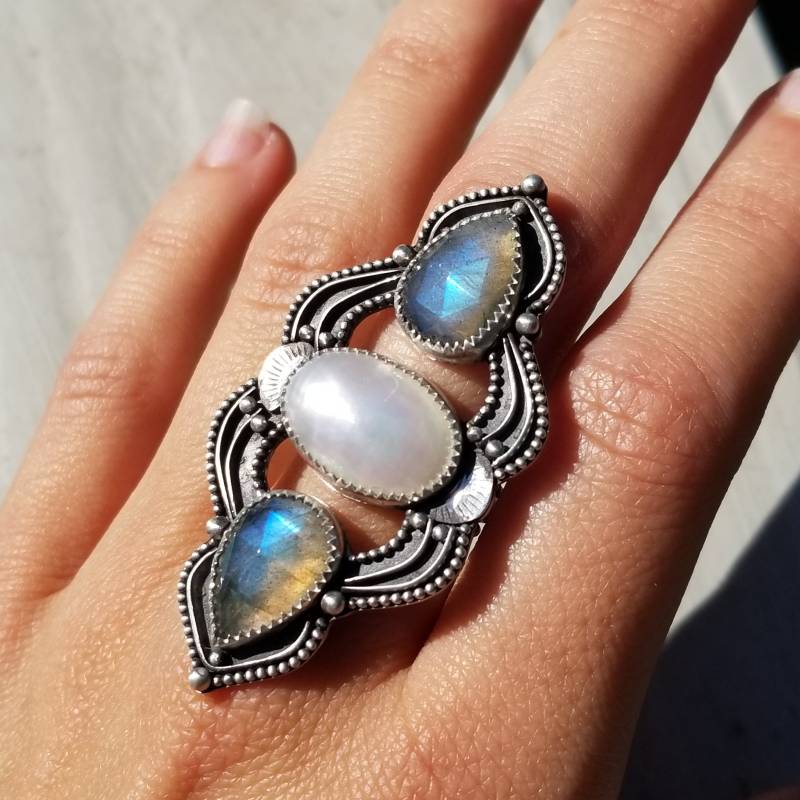 Perle & Labradorit Statement Sterling Silber Ring, Riesiger Perlmutt Meerjungfrau Wunderschöner Boho Ring von TheGentleGrove