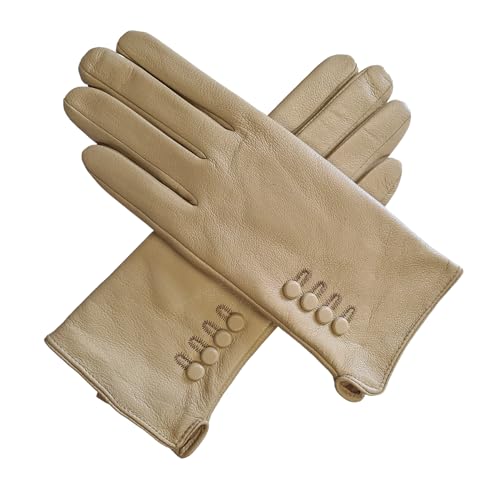 TheGloveHut Damen Echtes Weiches Leder Handschuhe Vollständig Gefüttert Geschenk Verpackt (Beige, Klein 6.5 ") von TheGloveHut
