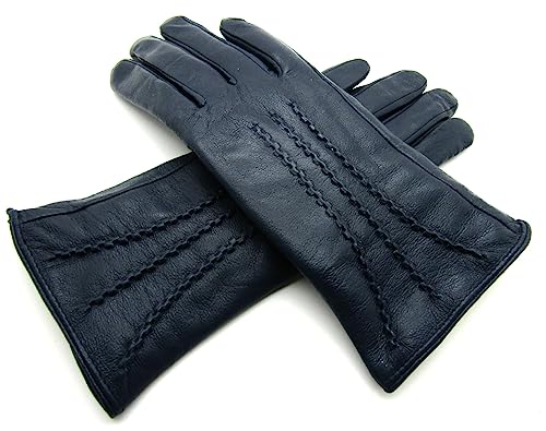 TheGloveHut Damen Handschuhe, weiches Echtleder, komplett gefüttert, 3 Dart-Details, in Geschenkbox, marineblau, Medium 7" von TheGloveHut