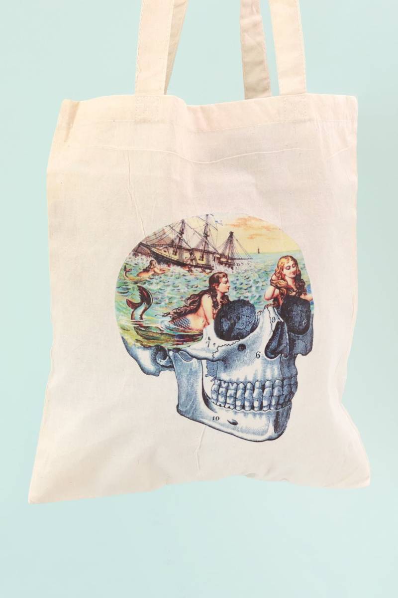 Meerjungfrau Schädel-Einkaufstasche Aus Baumwolle Handbedruckte Eco Shopper von TheGrungeMonkey