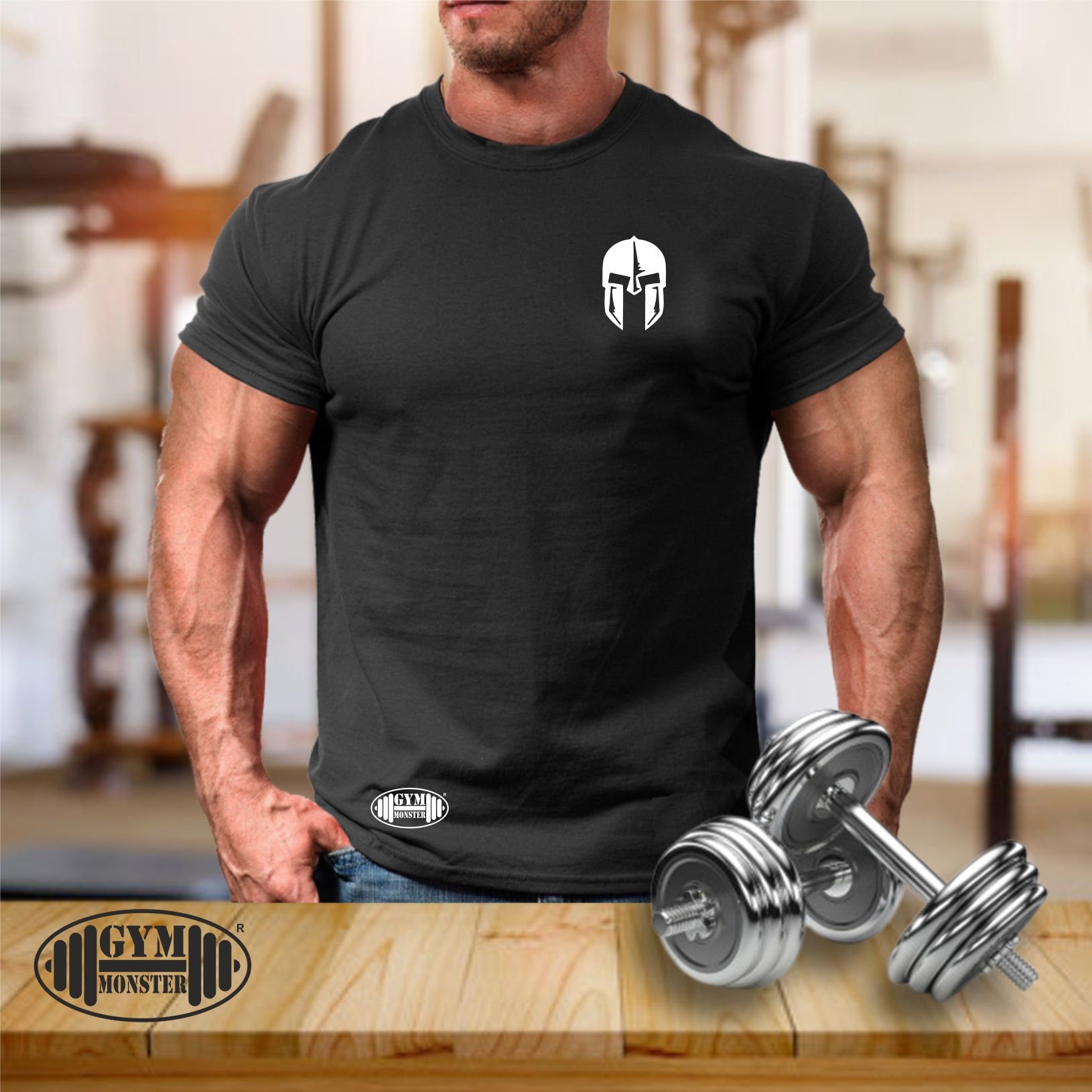 Spartan Helm T Shirt Pocket Gym Kleidung Bodybuilding Gewicht Training Übung Boxen Mma Lambda Krieger Monster Herren T-Shirt von TheGymMonsterTGM