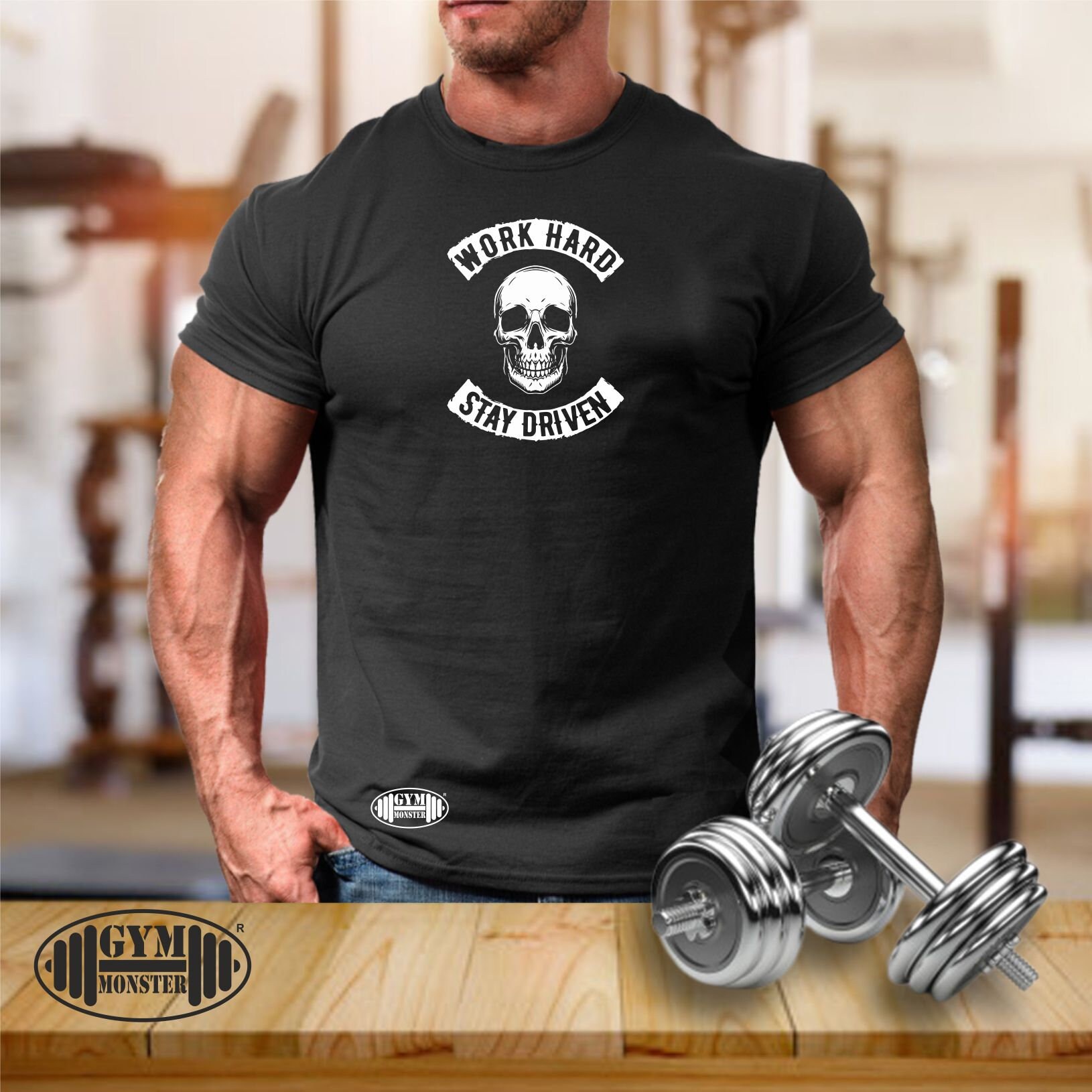 Work Hard Stay Driven T Shirt Gym Kleidung Bodybuilding Gewicht Training Fitness Boxen Karate Mma Monster Herren T-Shirt von TheGymMonsterTGM