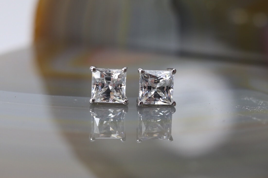 Estate Sterling Silber Cz Ohrringe, 6 Mm Quadrat Zirkonia, April Geburtsstein, Brautschmuck, Abschlussball Schmuck, Festschmuck von TheHavenFinds