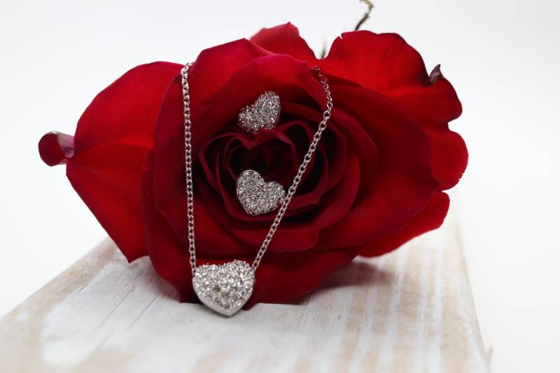 Nachlass Swarovski Schmuckset, Herz Halskette & Ohrringe, Rhodium Crystal Puffy Anhänger, Valentinstag Geschenk von TheHavenFinds