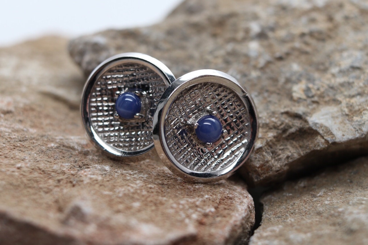 Vintage Silver & Blue Manschettenknöpfe, Runde Geschenke Für Ihn, Geschenk Zum Vatertag, Schmuck, 25 von TheHavenFinds
