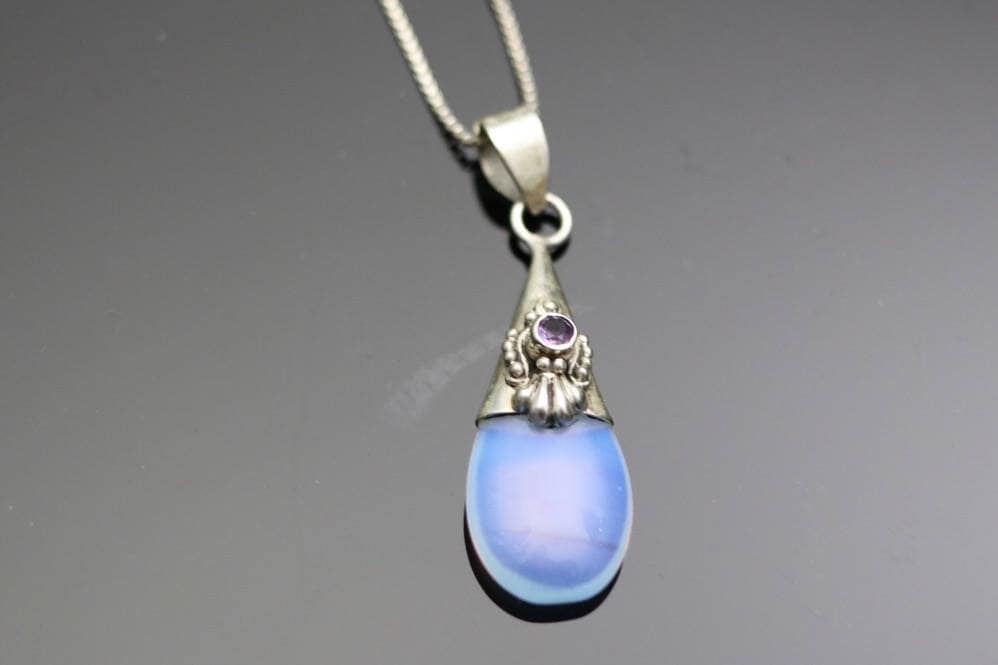 Vintage Sterling Silber Tropfen Anhänger Mit Amethyst Und Opalglas, 18" Box Halskette, Nachlass Schmuck von TheHavenFinds