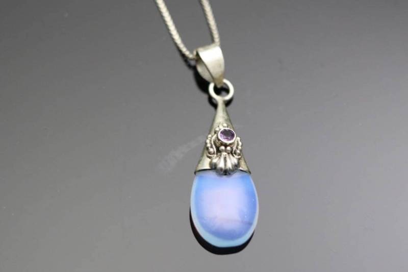 Vintage Sterling Silber Tropfen Anhänger Mit Amethyst Und Opalglas, 18" Box Halskette, Nachlass Schmuck von TheHavenFinds