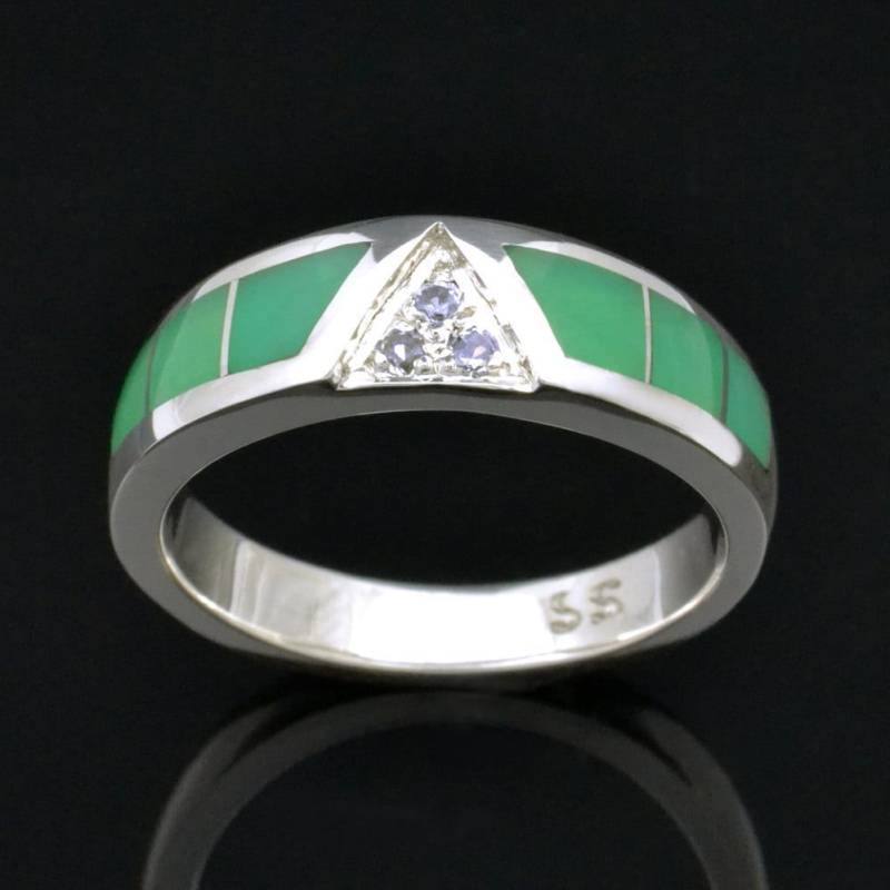 Chrysopras Ring Mit Weißen Saphiren in Sterling Silber, Ehering, Weißer Saphir Ehering von TheHilemanCollection