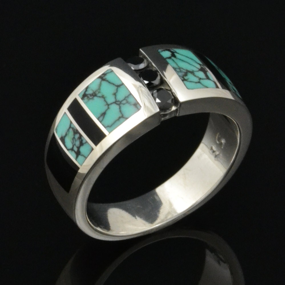 Damen-Schwarze Diamant-Ring Eingelegt Mit Spinnennetz-Türkis Und Onyx Von Hileman Silberschmuck von TheHilemanCollection