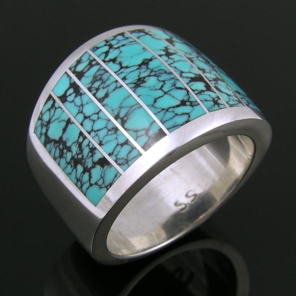 Spinnennetz Türkis Ring in Sterling Silber, Inlay Ring, Band Silber von TheHilemanCollection