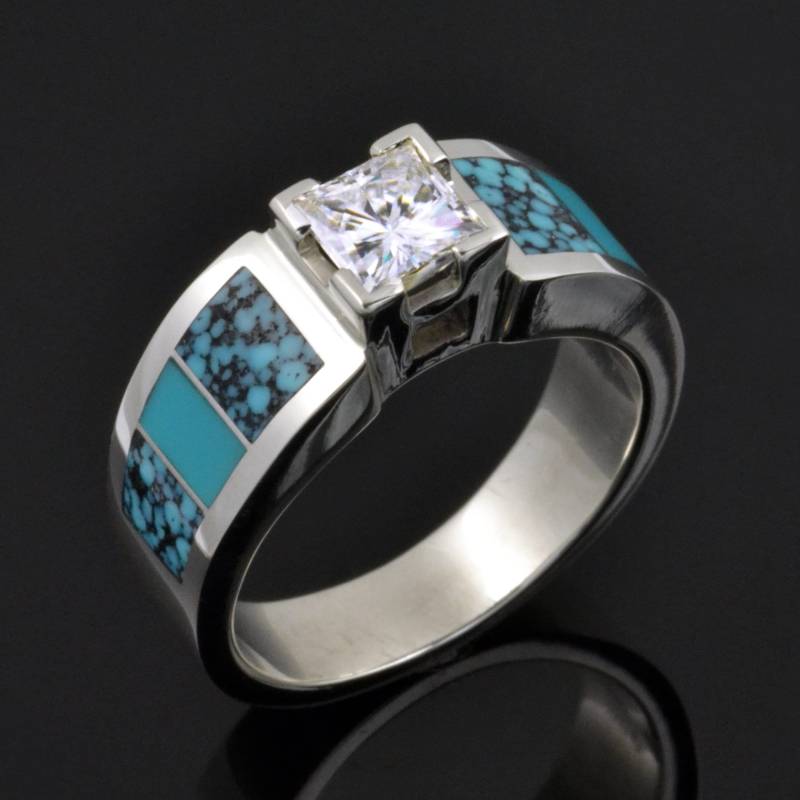 Türkiser Verlobungsring - Ehering - Moissanit Türkis Inlay Ring von TheHilemanCollection