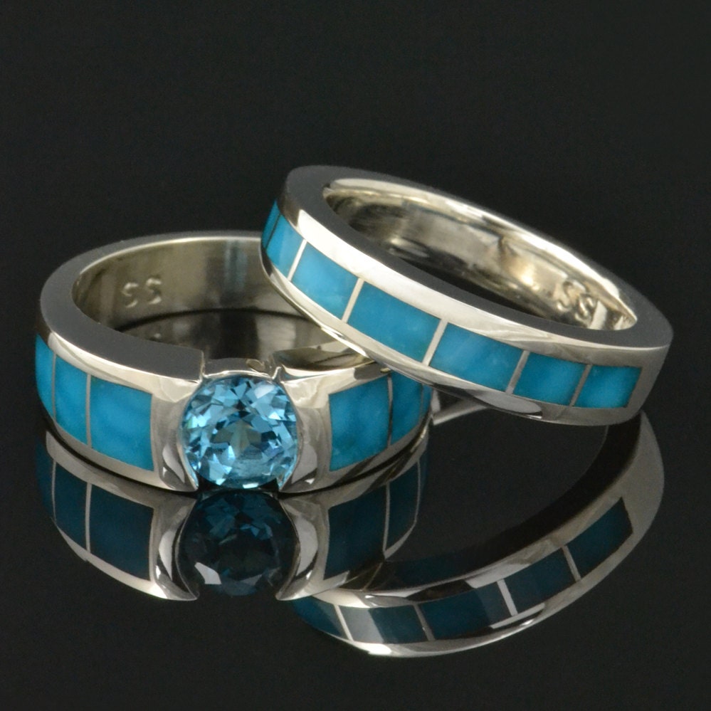 Türkiser Verlobungsring Mit Topas Und Türkis Ehering Set - Brautring Set in Silber von TheHilemanCollection