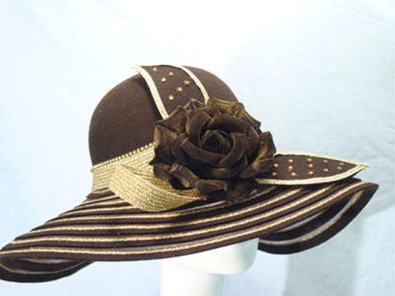 Braun & Gold Wollfilz Breit Krempe Fedora Hut, Kentucky Derby Hut, Hochzeit Hut, Kirche Hut, Sommer Hut, Tea Party Hut von TheHipBoutique