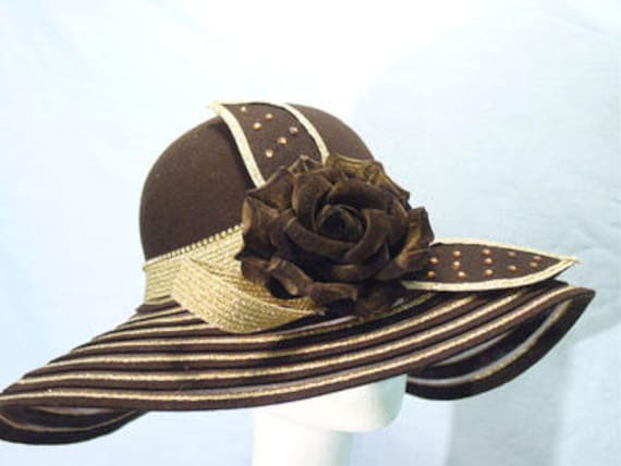 Braun & Gold Wollfilz Breit Krempe Fedora Hut, Kentucky Derby Hut, Hochzeit Hut, Kirche Hut, Sommer Hut, Tea Party Hut von TheHipBoutique