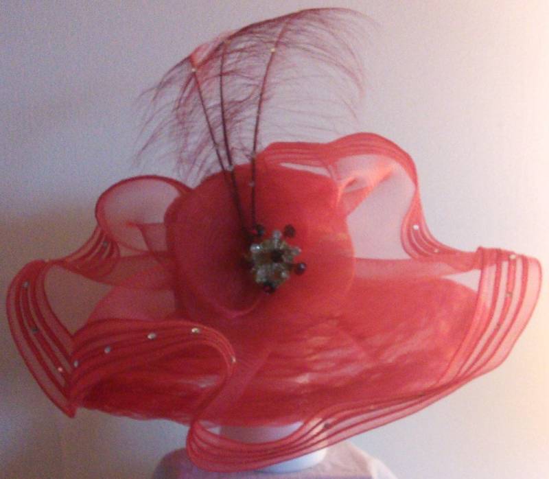 Rote Organza Feder Strass Diamant Brosche Hut, Kentucky Derby, Hochzeit Kirche Tea Party Fedora Hut von TheHipBoutique