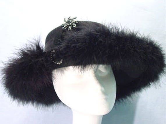 Schwarze Wolle/Filz Breit Krempe Mütze, Pelzbesatz Mütze, Kentucky Derby Hut, Church Hat, Hochzeit Hut, Tea Party Hut von TheHipBoutique