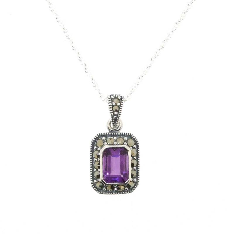 Art Deco Amethyst Anhänger Halskette Silber Markasit Quadrat Lila Kristall Art Deco Amethyst Anhänger Halskette Silber Markasit Quadrat Lila Kristall von TheHirstCollection