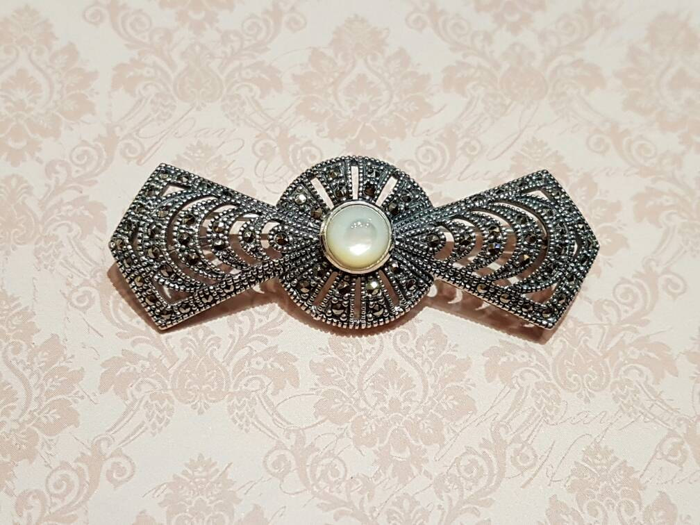 Art Deco Brosche Silber Markasit Perlmutt Braut Anhänger Pin Vintage Bride Art Deco Brosche Silber Markasit Perlmutt Braut Anhänger Pin Vintage Bride von TheHirstCollection