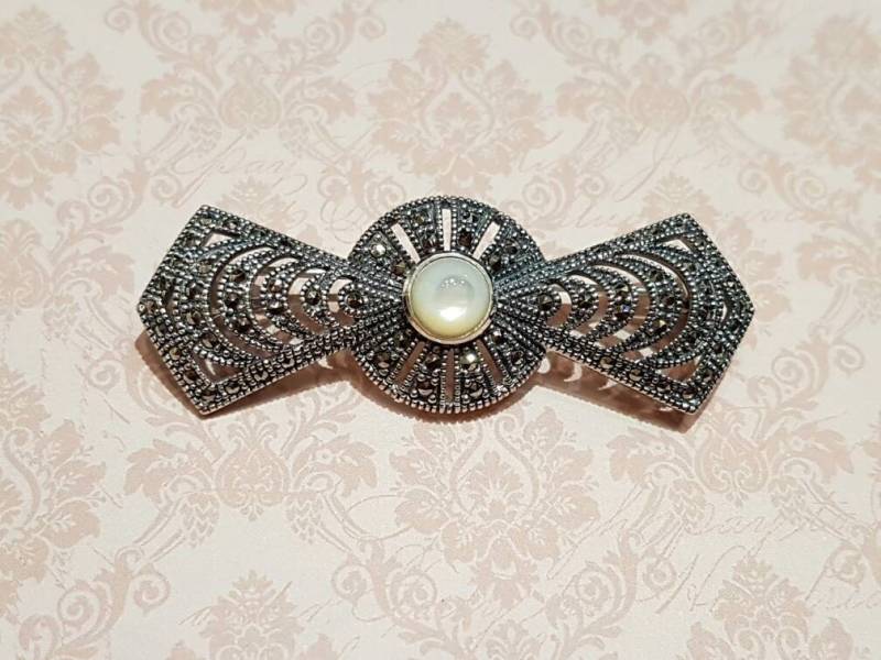 Art Deco Brosche Silber Markasit Perlmutt Braut Anhänger Pin Vintage Bride Art Deco Brosche Silber Markasit Perlmutt Braut Anhänger Pin Vintage Bride von TheHirstCollection