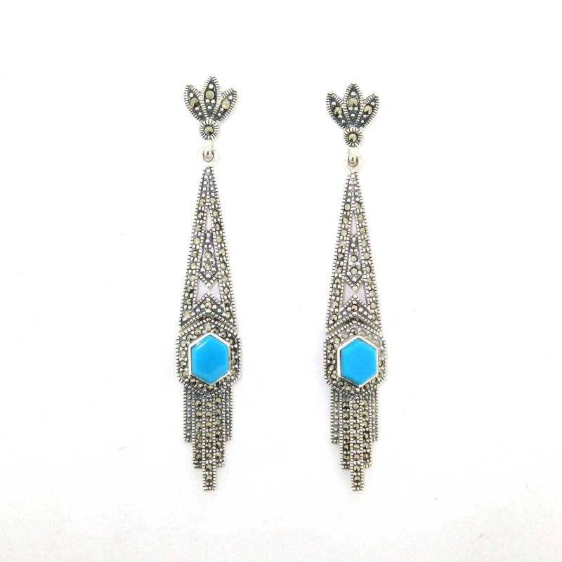 Art Deco Ohrringe Blau Türkis Silber Markasit von TheHirstCollection
