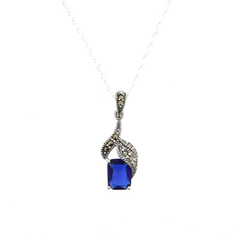 Silber Markasit Art Deco Anhänger Halskette Blau Saphir Kristall Vintage Hochzeit Braut Brautjungfer von TheHirstCollection