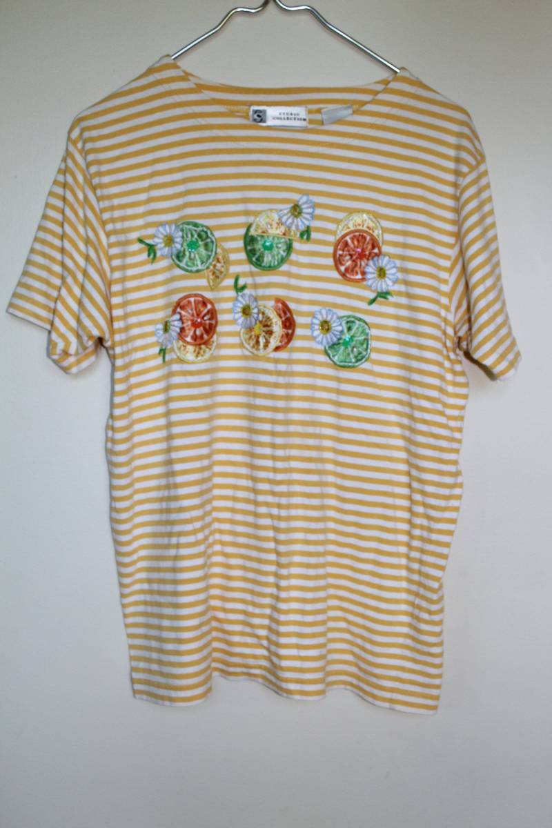 Jahrgang Studio Kollektion Gestreifte-T-Shirt/Früchte Orangen Zitronen Limetten Perlen Blumen Citrus Streifen T-Shirt Shirt Top von TheHiveBazaar