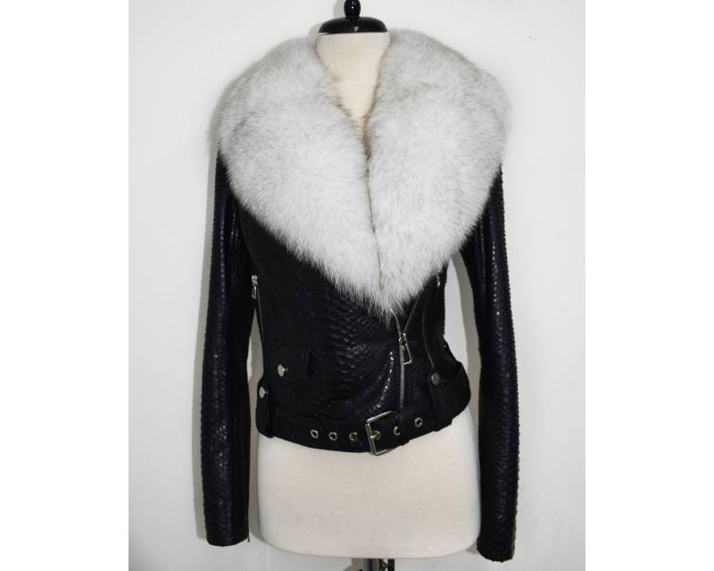 Damen Echt Python Leder Fuchs Fell Kragen Schwarz Exotisch Biker Jacke von TheISSLA