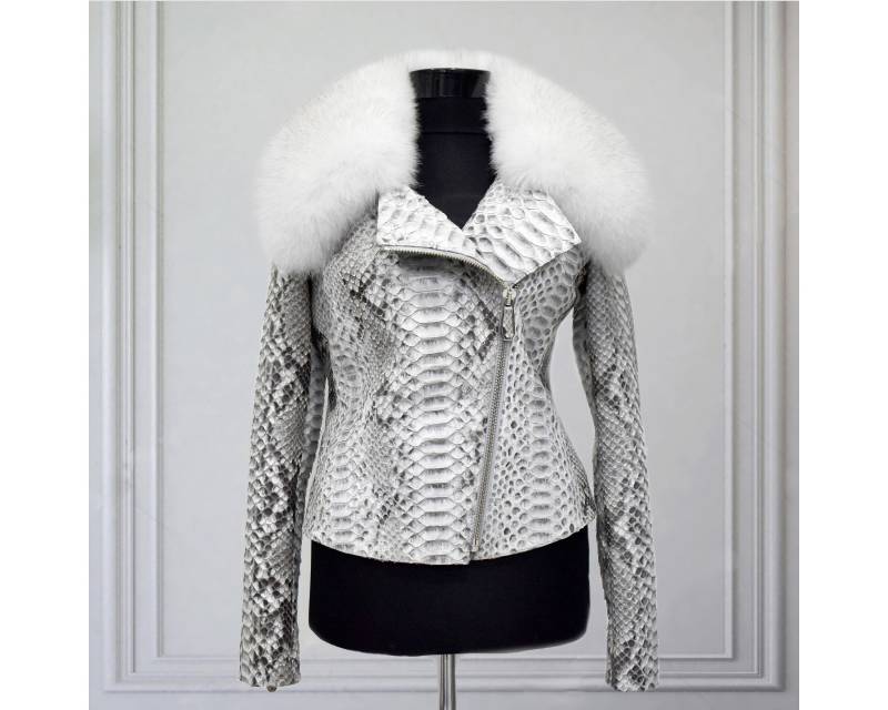 Damen Echt Python Leder Fuchs Fell Kragen Weiß Exotisch Biker Jacke von TheISSLA