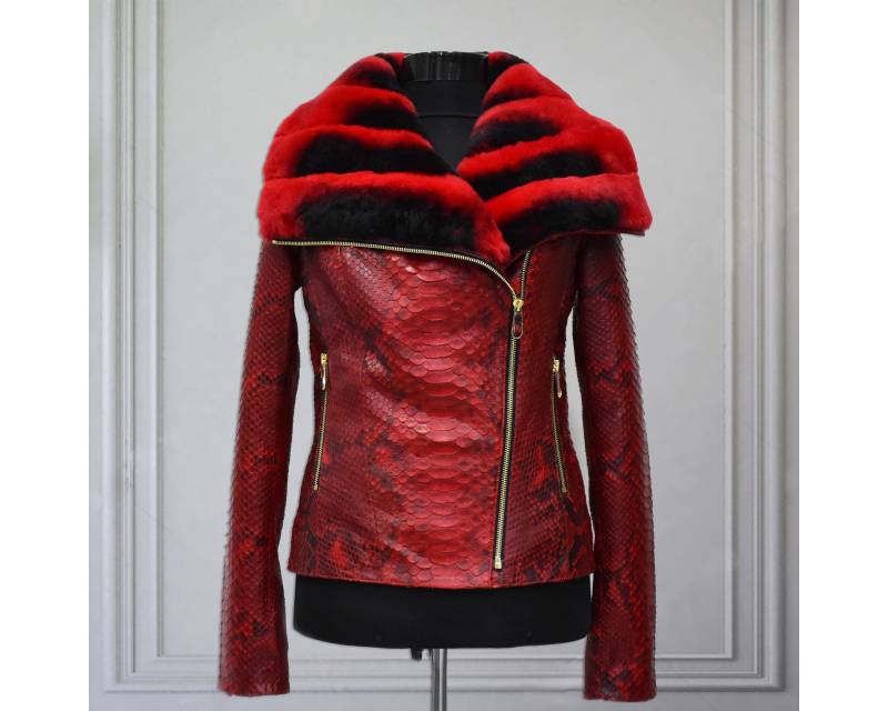 Damen Echt Python Leder Rex Fell Kragen Rot Custom Exotisch Jacke von TheISSLA