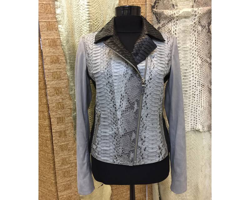 Damen Echte Python Hautbesatz Wildleder Luxus Weiße Bikerjacke von TheISSLA