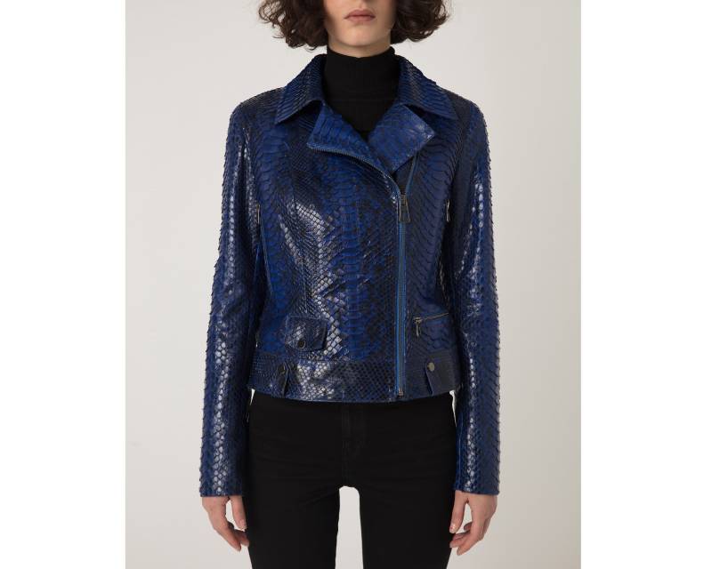 Damen Echtes Python Leder Blau Schlangenhaut Exotisch Motorrad Biker Jacke von TheISSLA