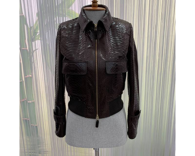 Damen Echtes Python Leder Braun Schlangenhaut Exotisch Handgemacht Bomberjacke von TheISSLA