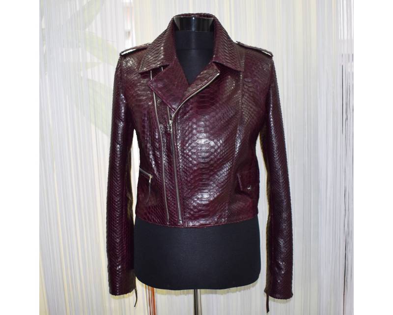 Damen Echtes Python Leder Echt Exotisch Schlangenhaut Bordeaux Luxus Mode Biker Jacke von TheISSLA