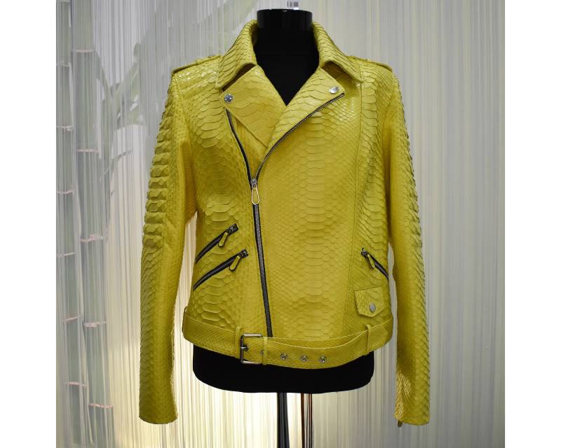 Damen Echtes Python Leder Echt Exotisch Schlangenhaut Gelb Luxus Mode Biker Jacke von TheISSLA