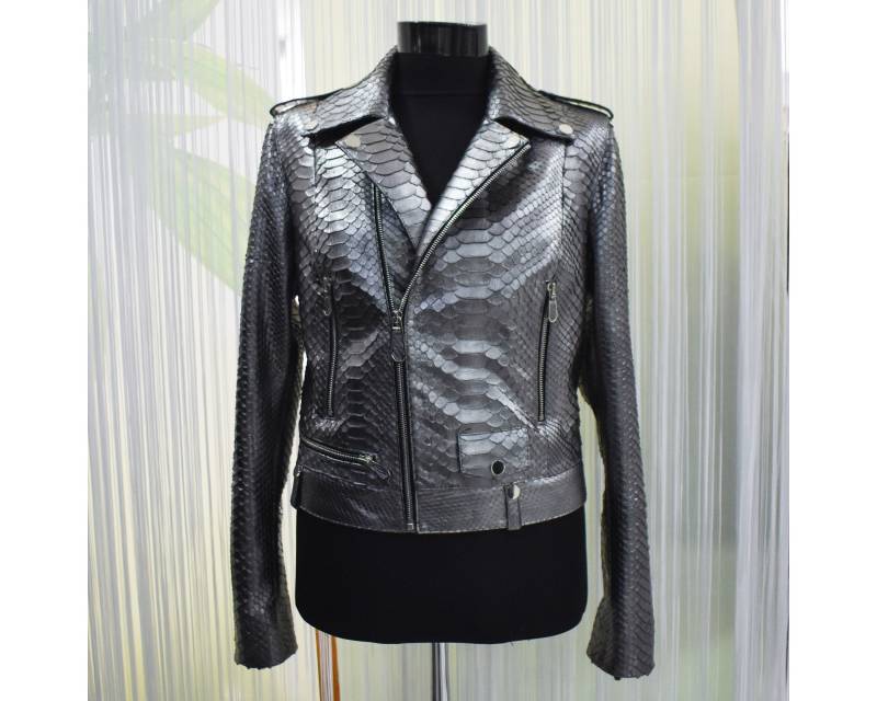 Damen Echtes Python Leder Echt Exotisch Schlangenhaut Metalic Grau Luxus Mode Biker Jacke von TheISSLA