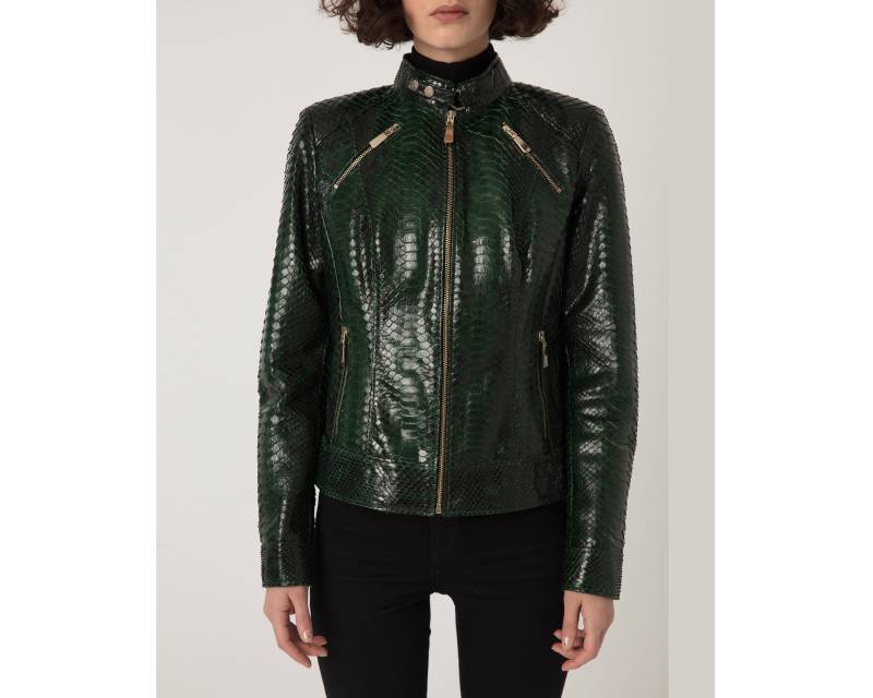 Damen Echtes Python Leder Grün Schlangenhaut Exotisch Moto Jacke von TheISSLA