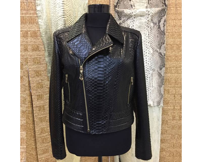 Damen Echtes Python Leder Schwarz Exotisch Schlangenhaut Motorrad Bikerjacke von TheISSLA