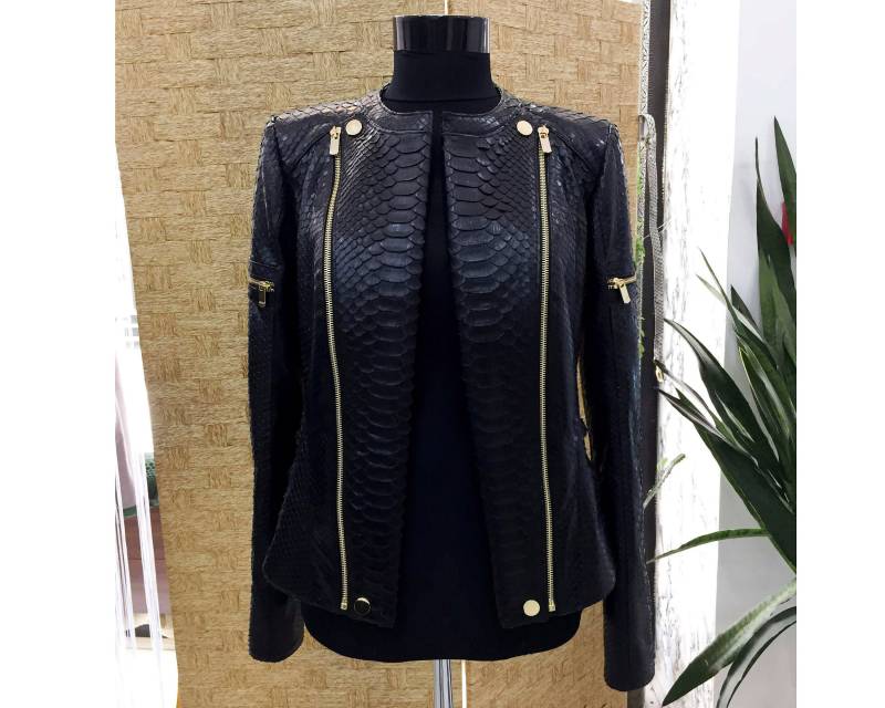 Damen Echtes Python Leder Schwarz Schlangenhaut Exotisch Handgemachte Jacke von TheISSLA