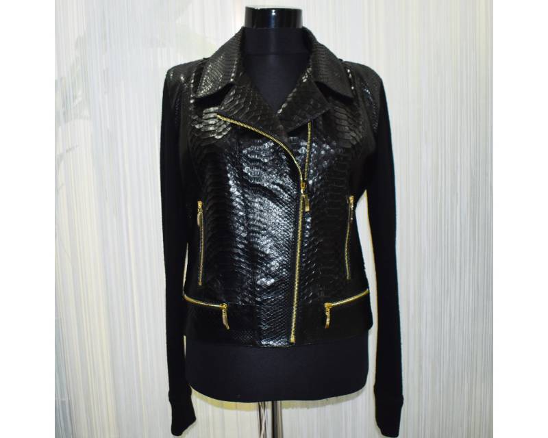 Damen Echtes Python Leder Strick Baumwolle Schwarz Luxus Strickjacke von TheISSLA
