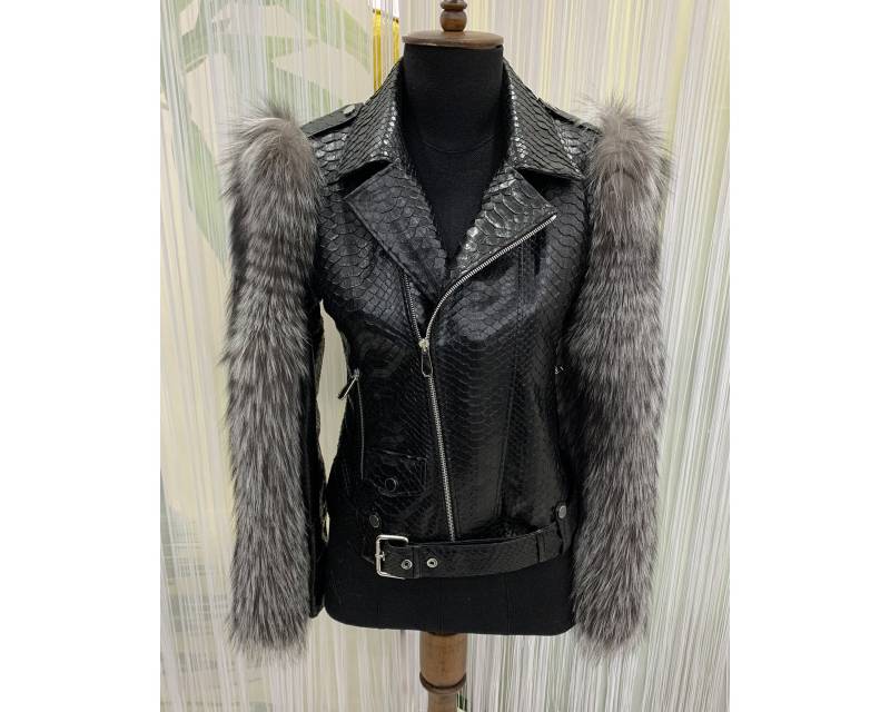 Damen Fuchs Fellbesatz Echt Python Leder Schwarz Motorrad Biker Jacke von TheISSLA