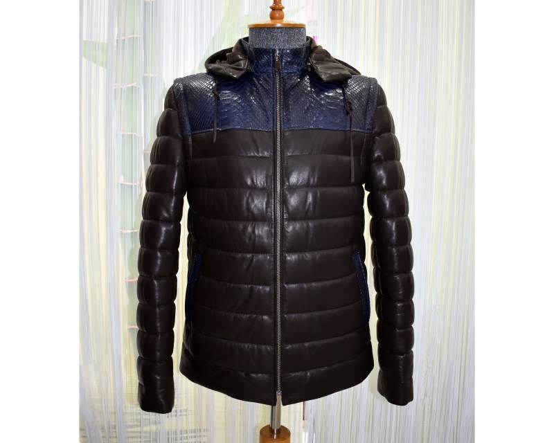 Echte Python Leder Borte Echte Lammfell Braun Herren Gesteppt Kapuzenweste Jacke von TheISSLA