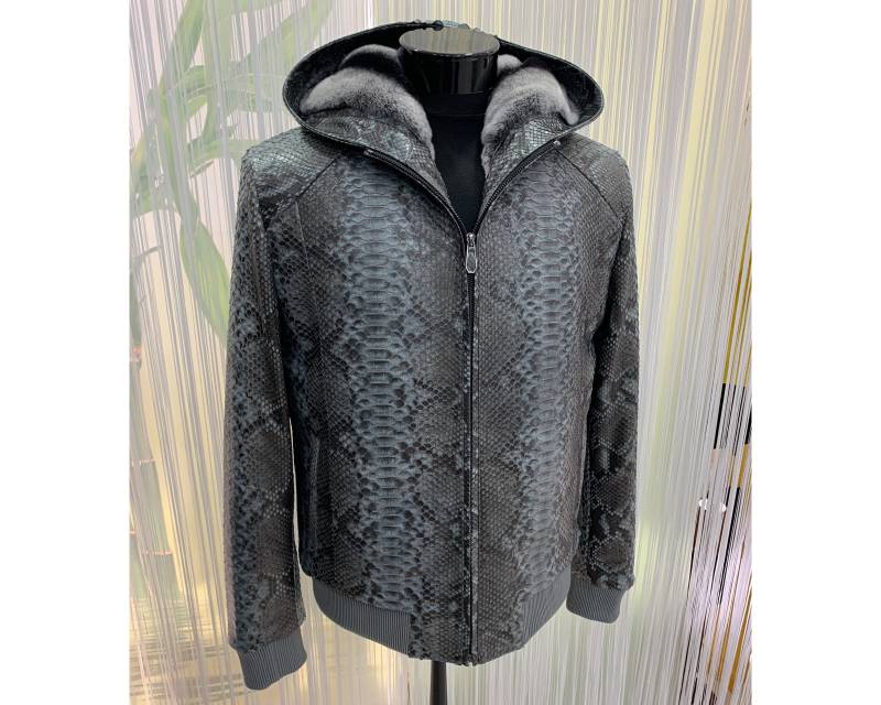 Echtes Python Leder Abnehmbar Echt Rex Fell Futter Herren Grau Hoodie Jacke von TheISSLA