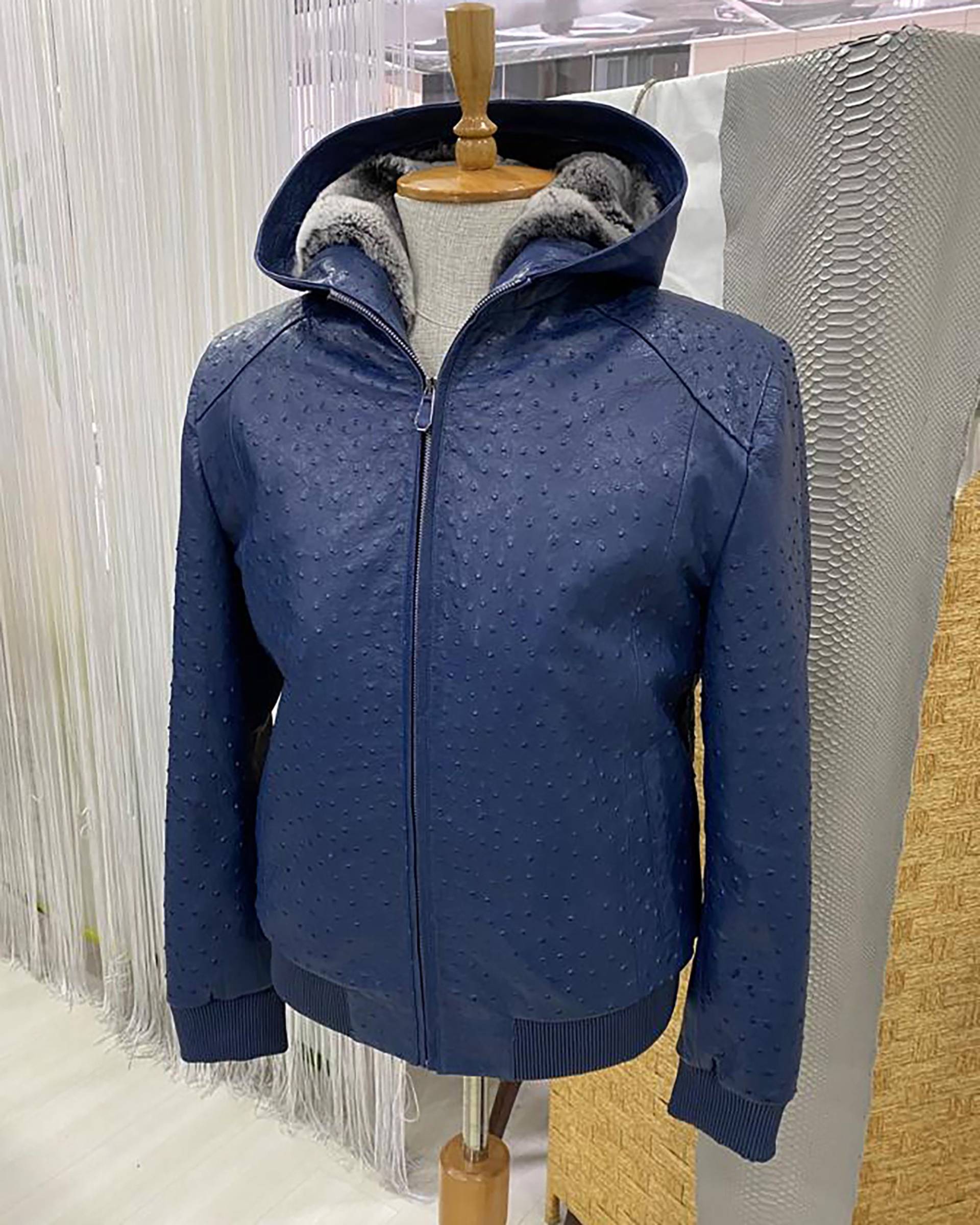 Echtes Straußen Quill Leder Rex Kaninchen Fell Futter Herren Marineblau Hoodie Jacke von TheISSLA