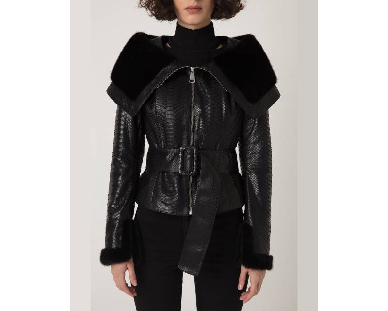 Frauen Nerz Fell Borte Python Lederjacke Mit Riemen von TheISSLA